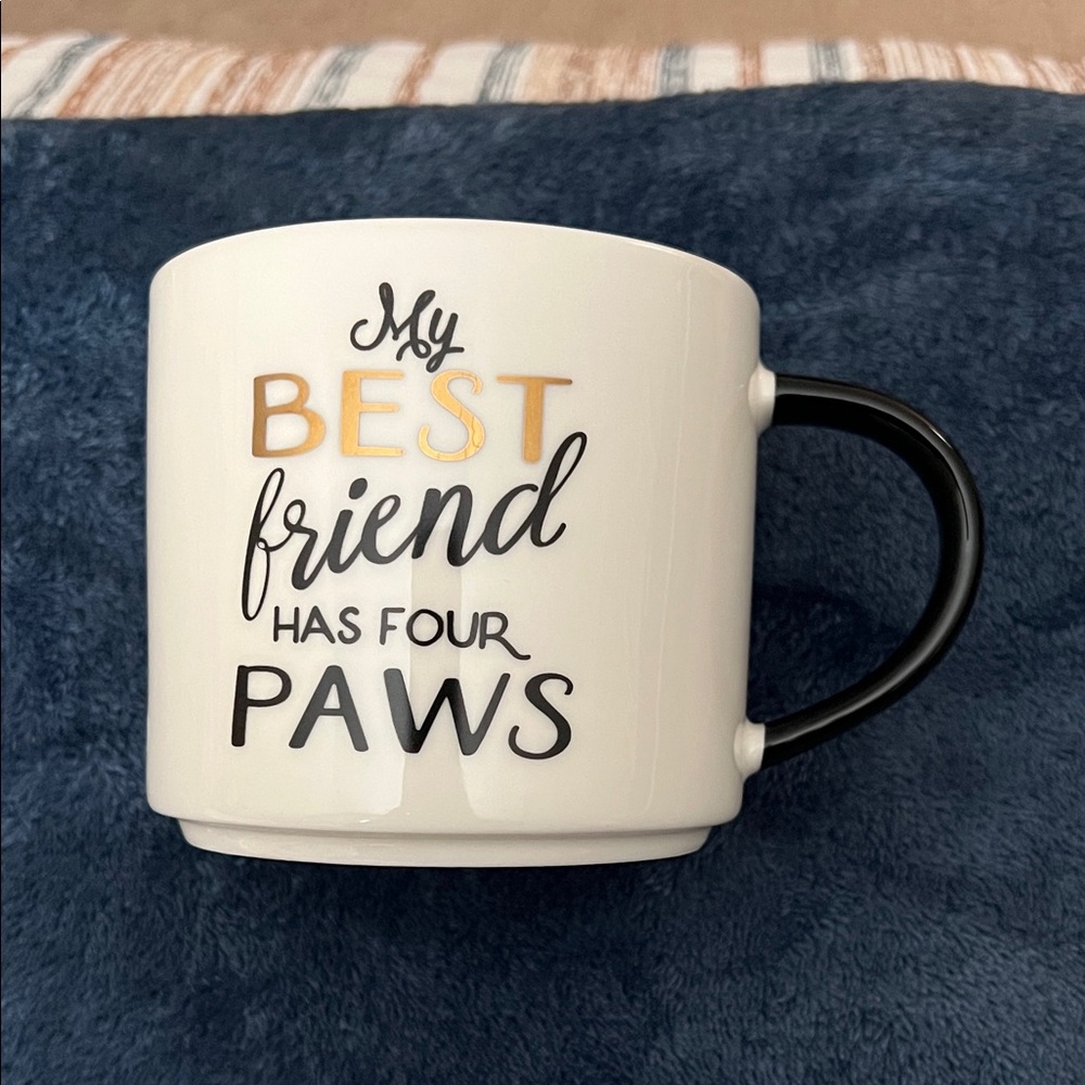White Mug with Black Handle and Gold Text